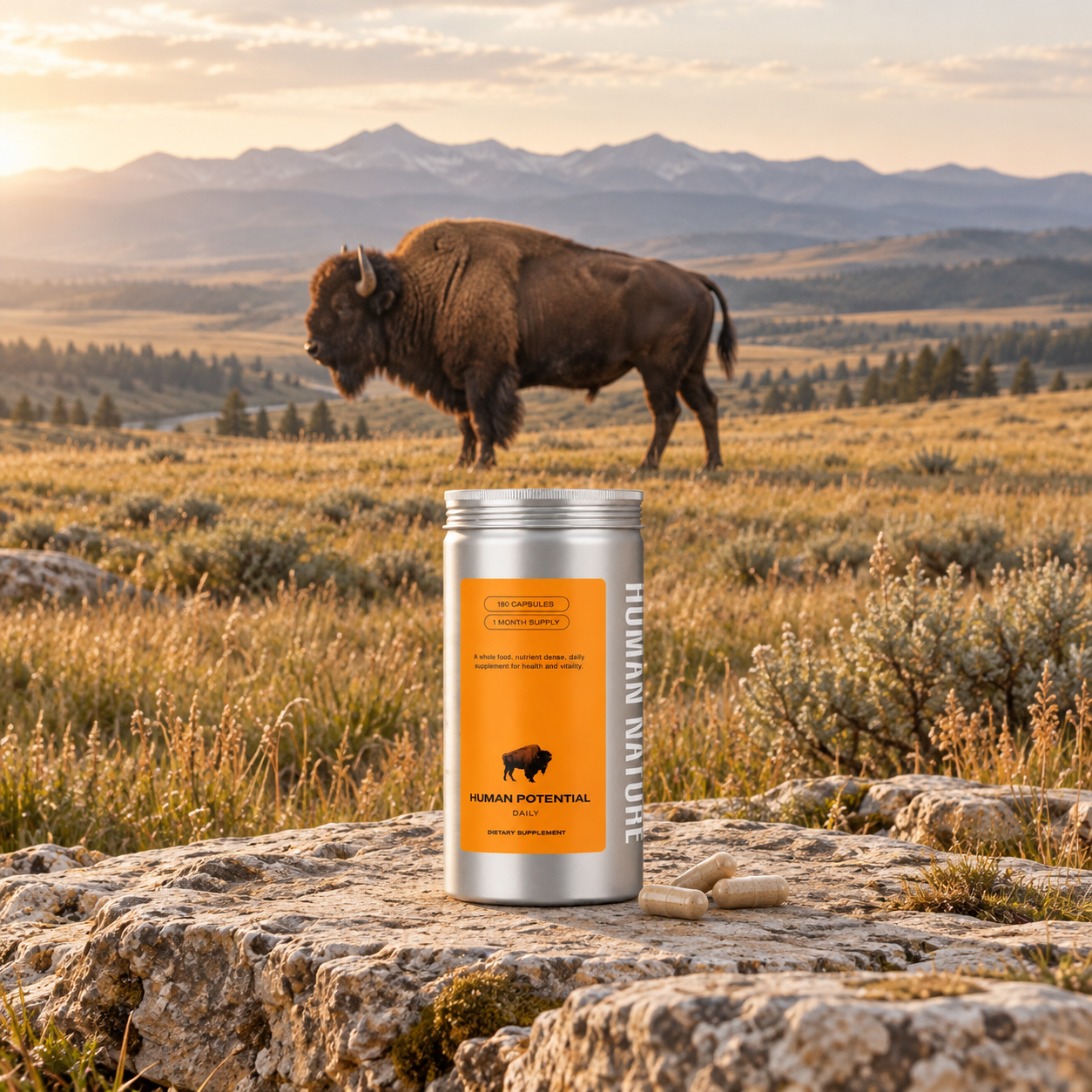 Human Potential canister and capsules on a stone ledge, with an American bison in the prairie beyond.