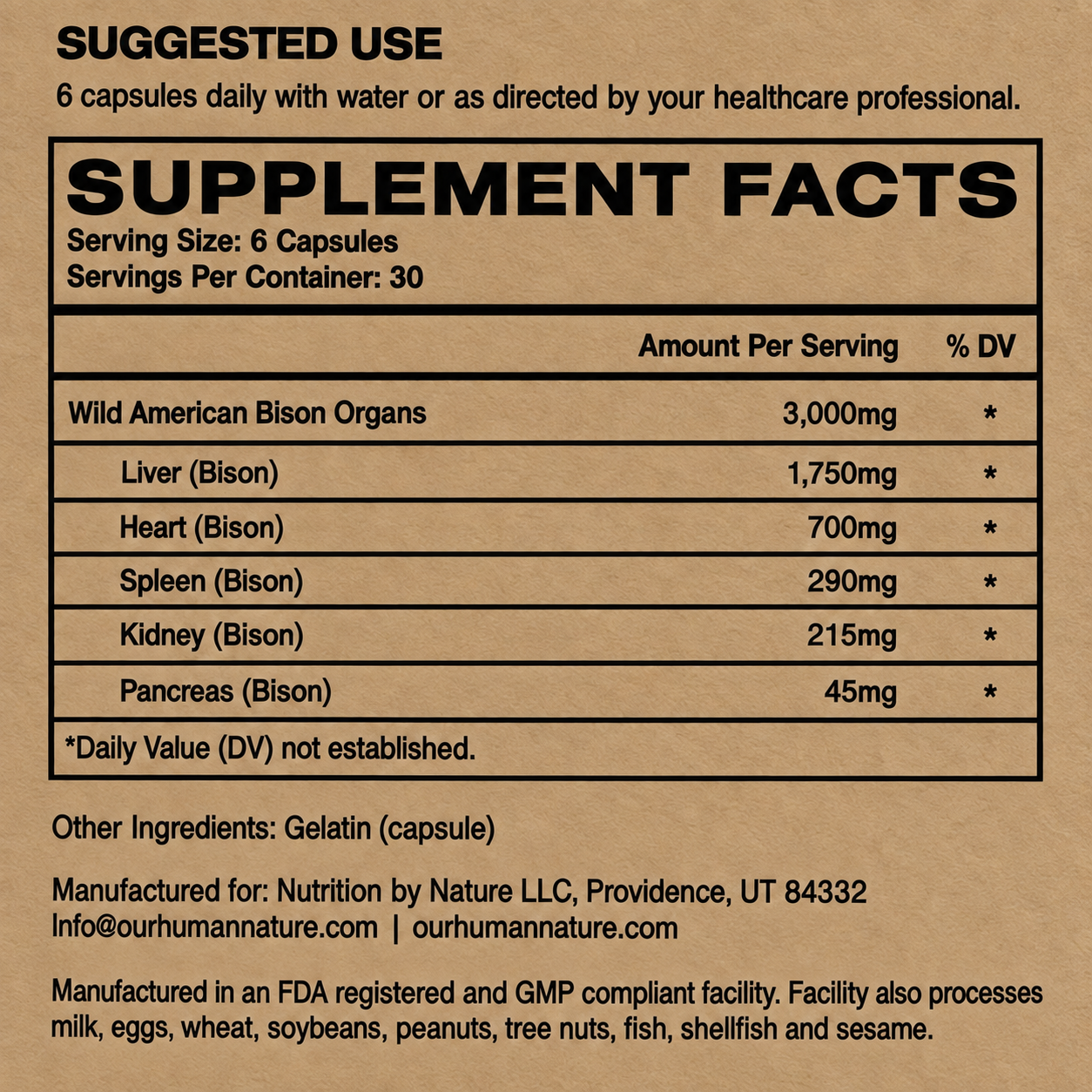 Human Potential supplement facts and suggested use — 6 capsules per serving