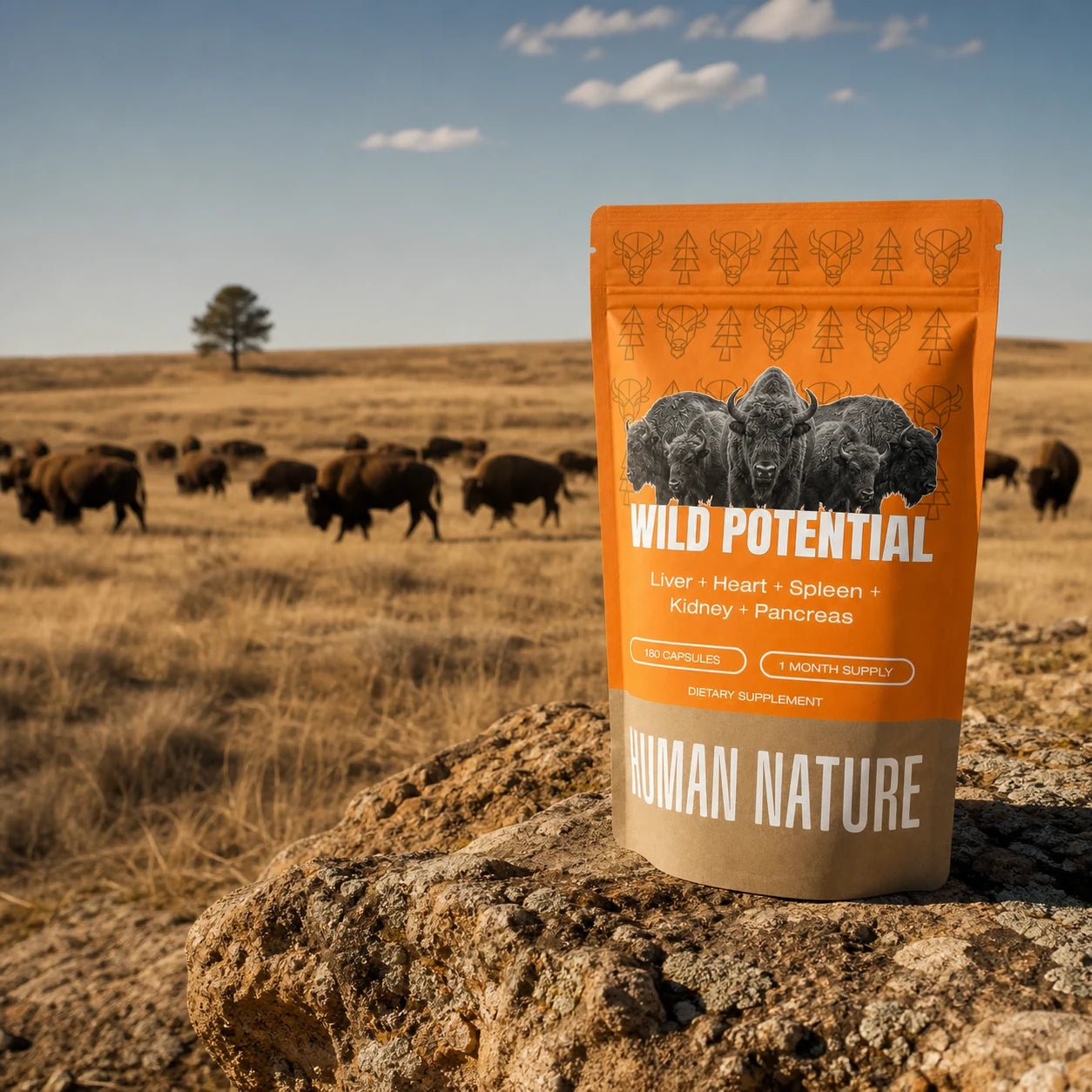 Wild Potential pouch on prairie rock with a herd of American bison beyond