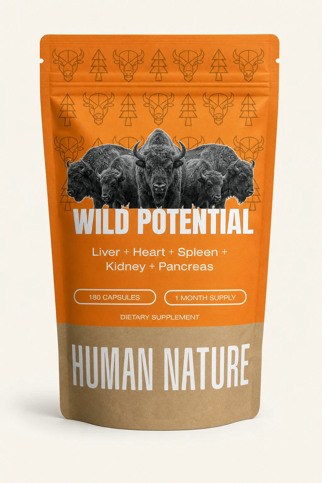 Front view of the orange and kraft Wild Potential 180-capsule pouch