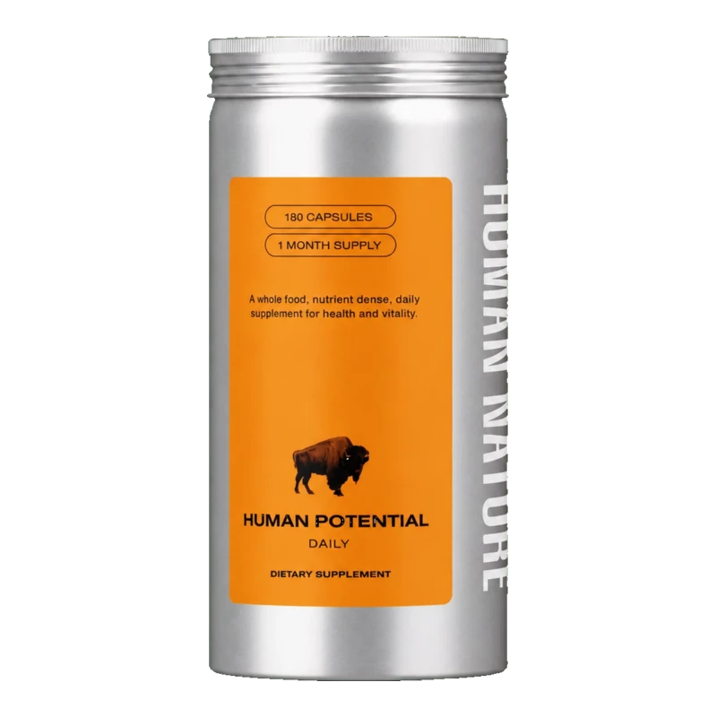 Human Potential daily supplement, silver reusable canister with orange label.